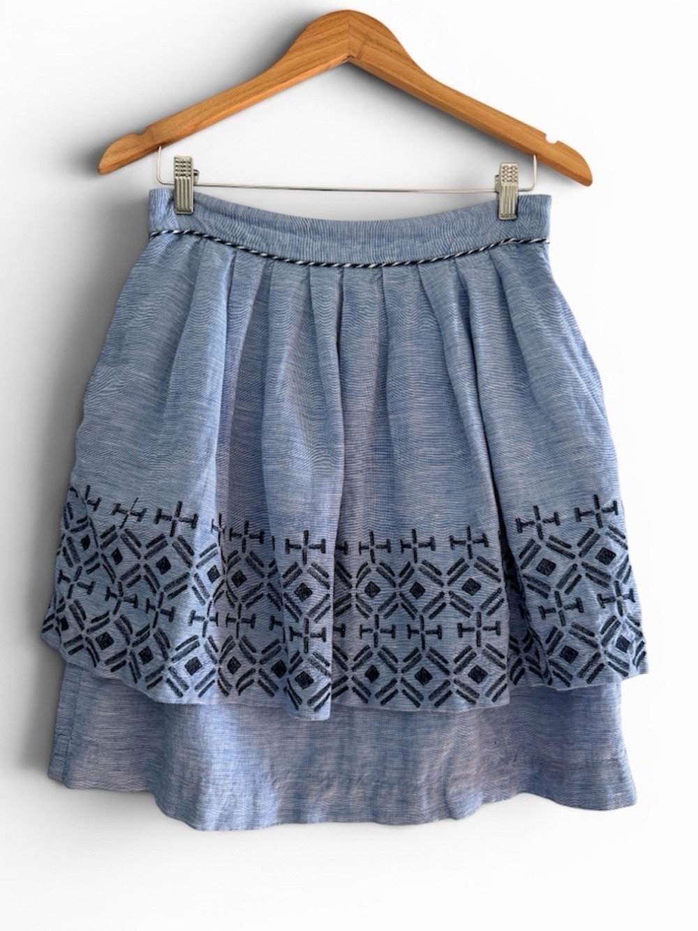 Odille Blue Linen Blend Embroidered Skirt Cottagecore Boho